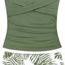 Girls Swimsuit 2 Piece Bathing Suit Criss Cross Ruched Girl Tankini Sets Printed Girls' Swimwear for 9-18 Years (15-16 Years, Green)