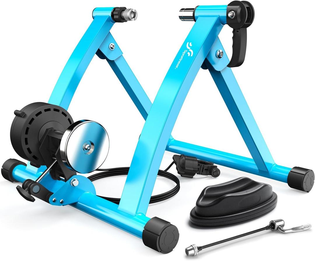 Sportneer Bike Trainer - Magnetic Indoor Cycling Trainer Stand for 26-28" & 700C Wheels, 6 Resistance Levels Stationary Bike Stand with Quick Release Lever & Front Wheel Riser Block Blue