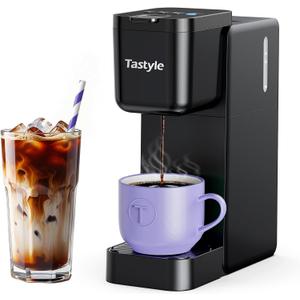 Tastyle Single Serve Coffee Maker Hot and Iced with Bold Brew, Small Coffee Machine for K Cup and Ground, Fits 7.3'' Travel Mug, Brews up to 16 Oz, 5 Cup Sizes, for Office, RV& Hotel, Elegant Black