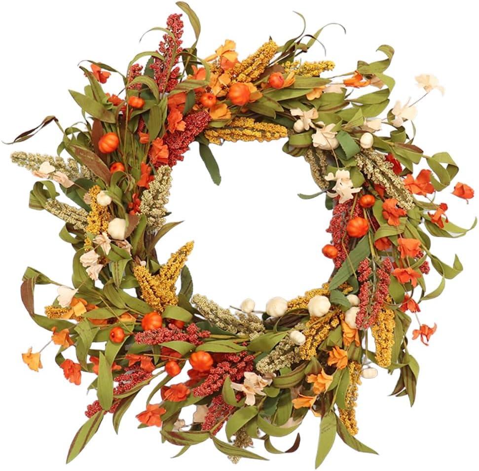 22" Fall Wreaths for Front Door with Pumpkin & Wheat - Thanksgiving Harvest Decor, Farmhouse Outdoor Large Autumn Wreath for Outside/Indoor (Orange)