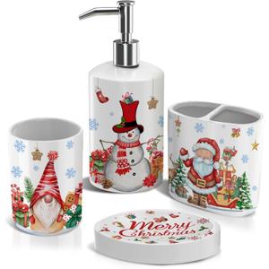 Christmas Bathroom Accessories Set 4, Christmas Bathroom Decor, Xmas Toothbrush Holder Sets, Snowman Soap Dispenser Bath Decorations