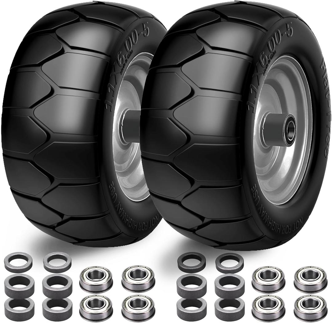 Upgrade 11x6.00-5 Flat Free Tires,2 PCS Solid Zero Turn Mowers Front Tire with 3/4" 5/8" 1/2" Bearings,6"- 8"Center Hub for Johh Deere, Cub Cadet,Bad Boy Mower,Zero Turn Riding Mower Tires,400lbs (11x6-5 Y Pattern Anti Slip(Silver Rim), Silver)