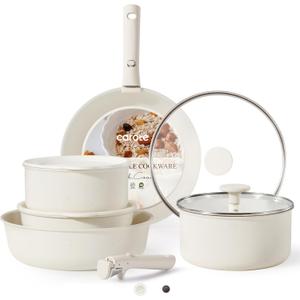 CAROTE 11pcs Pots and Pans Set Non Stick, Cookware Sets, Kitchen Set, Oven/Fridge Safe, Space Saving Pots Set, Nonstick Cooking Set with Versatile Detachable Handle, Induction RV Set, Cream White