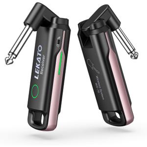 LEKATO Wireless Guitar System UHF Wireless Guitar Transmitter Receiver Rechargeable Audio Wireless Transmitter and Receiver with 70 Channels Wireless for Bass Electric Instruments(Pink)
