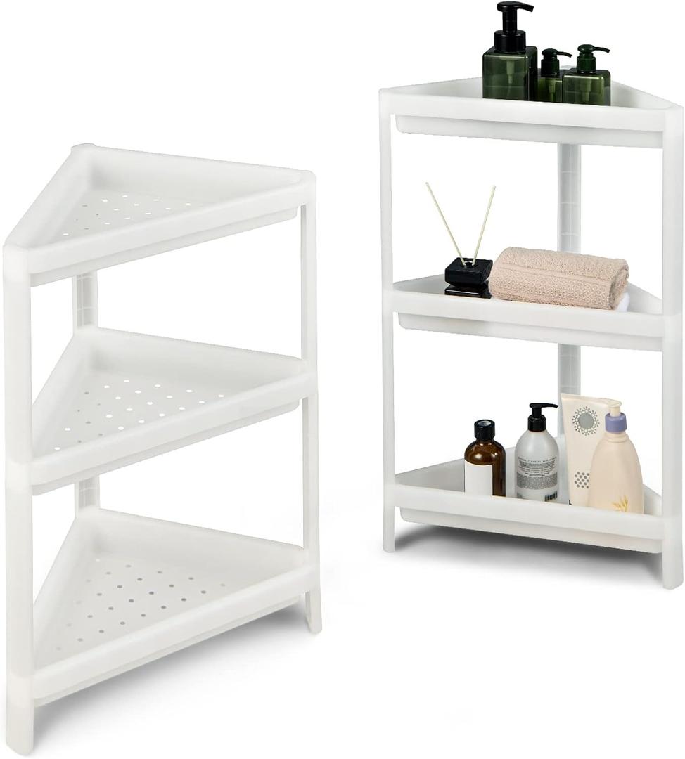 Giantex 2 Pack Corner Shelf Stand, 3-Tier Detachable Floor Shower Shelf, Bathroom Corner Stand w/Drainage Holes, Counter Storage Shelf, Triangle Organizer Rack for Kitchen, Living Room, White