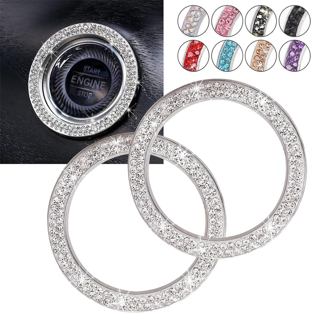 Car Bling Ring Crystal Car Stickers Rings Womens Car Decals,2Pcs Push Start Button Bling Ignition Ring Sticker,Bling Car Interior Accessory for Women,Silver (A1-white)