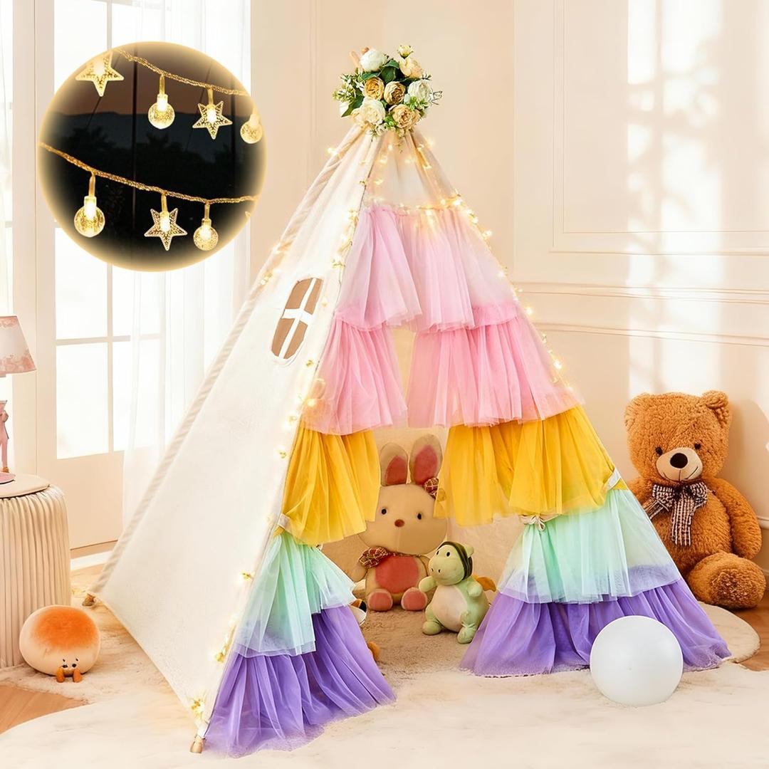 Hallo Deer Teepee Tent for Kids, Toddler Teepee with Star Lights & Rainbow Tulle, Girls Princess Play Tent, Foldable Kids Teepee Tent for Inside Playhouse Kid Toy Gift
