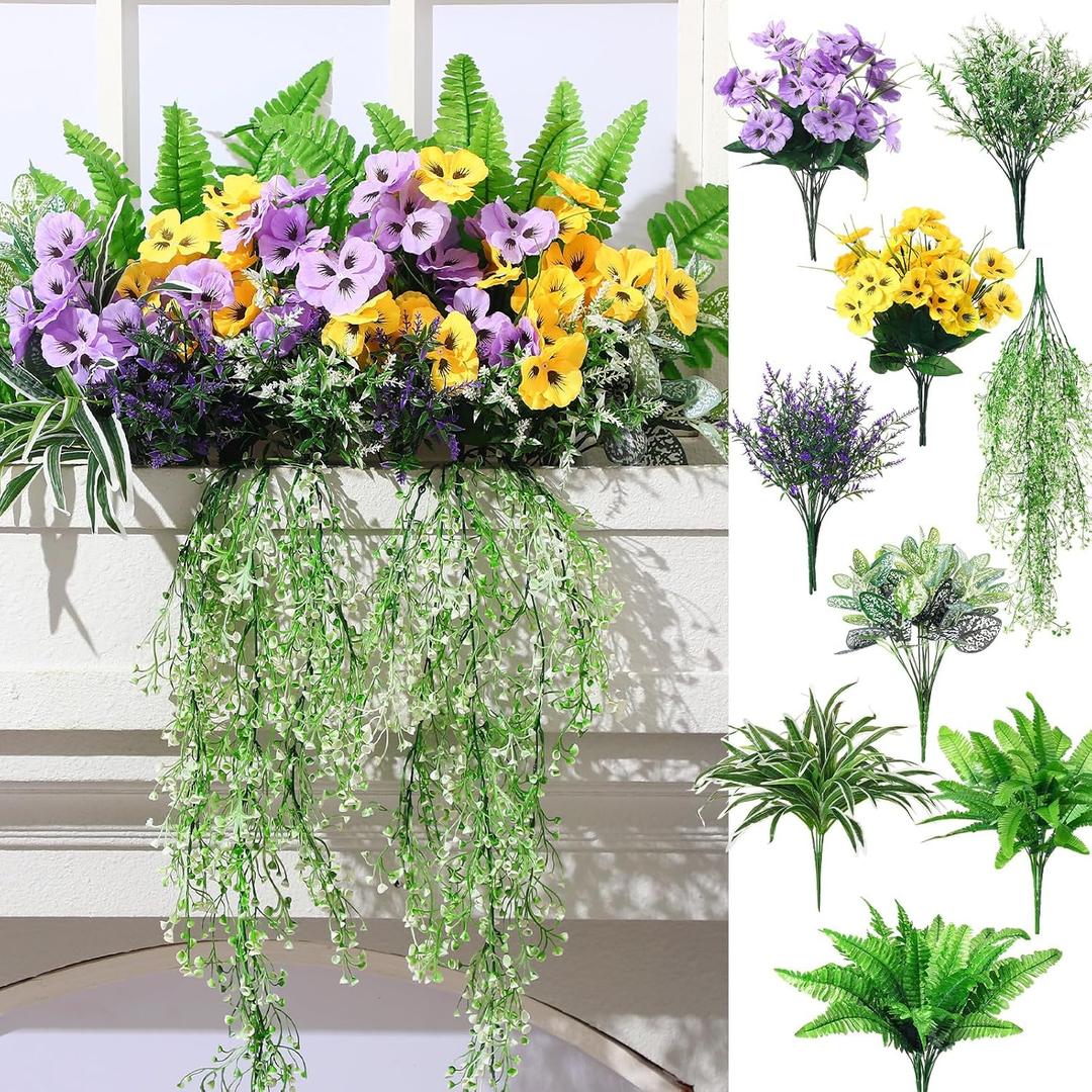 Daifunli 24 Pcs Artificial Plants for Outdoor, Fake Flowers Greenery UV Resistant Faux Plant Stems Shrubs Hanging Porch Patio Garden Window Box Home Wedding Summer Spring Decor(Green Purple)