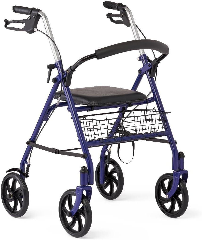 Medline Steel Rollator Walker with Seat, Blue, 300 lb. Weight Capacity, 8 Wheels, Foldable, Adjustable Handles, Rollator Walker for Seniors, Rolling Walker for Mobility Impairment