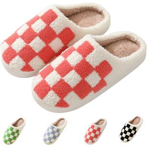 Classic House Plaid Slippers For Women Mens,Cozy Non Slip Outdoor Indoor Plush Slides Slippers (White)