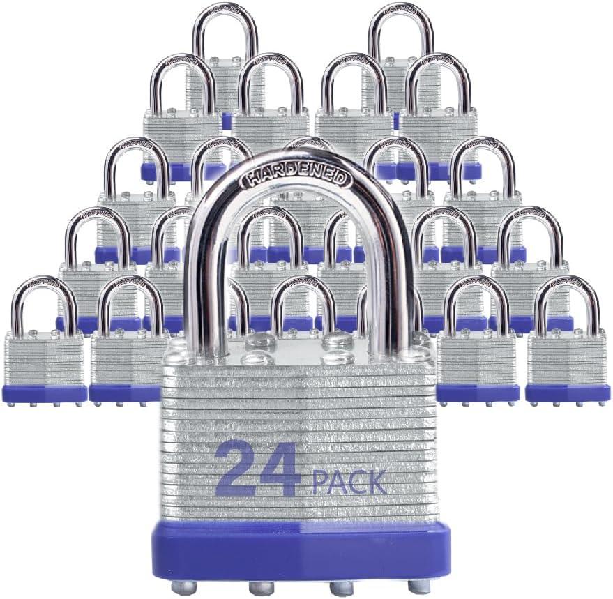 Keyed Alike Laminated Steel Padlocks, Standard Shackle, for Hasp, Shed, Fence, Storage Locker, School, Gym (24 Pack)