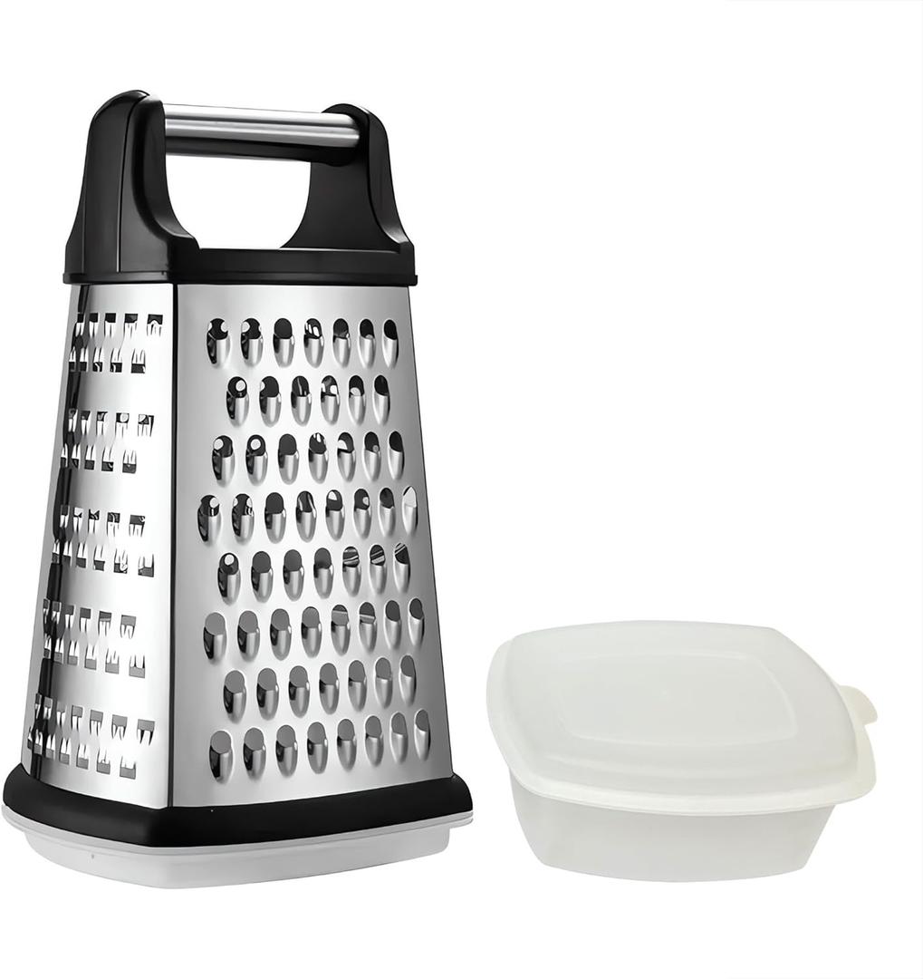 9" Box Cheese Grater With Container, Heavy Duty Cheese Graters Handheld 4-Sided Stainless Steel, Food Shredder for Parmesan Cheese, Vegetables, Ginger, Potatoes