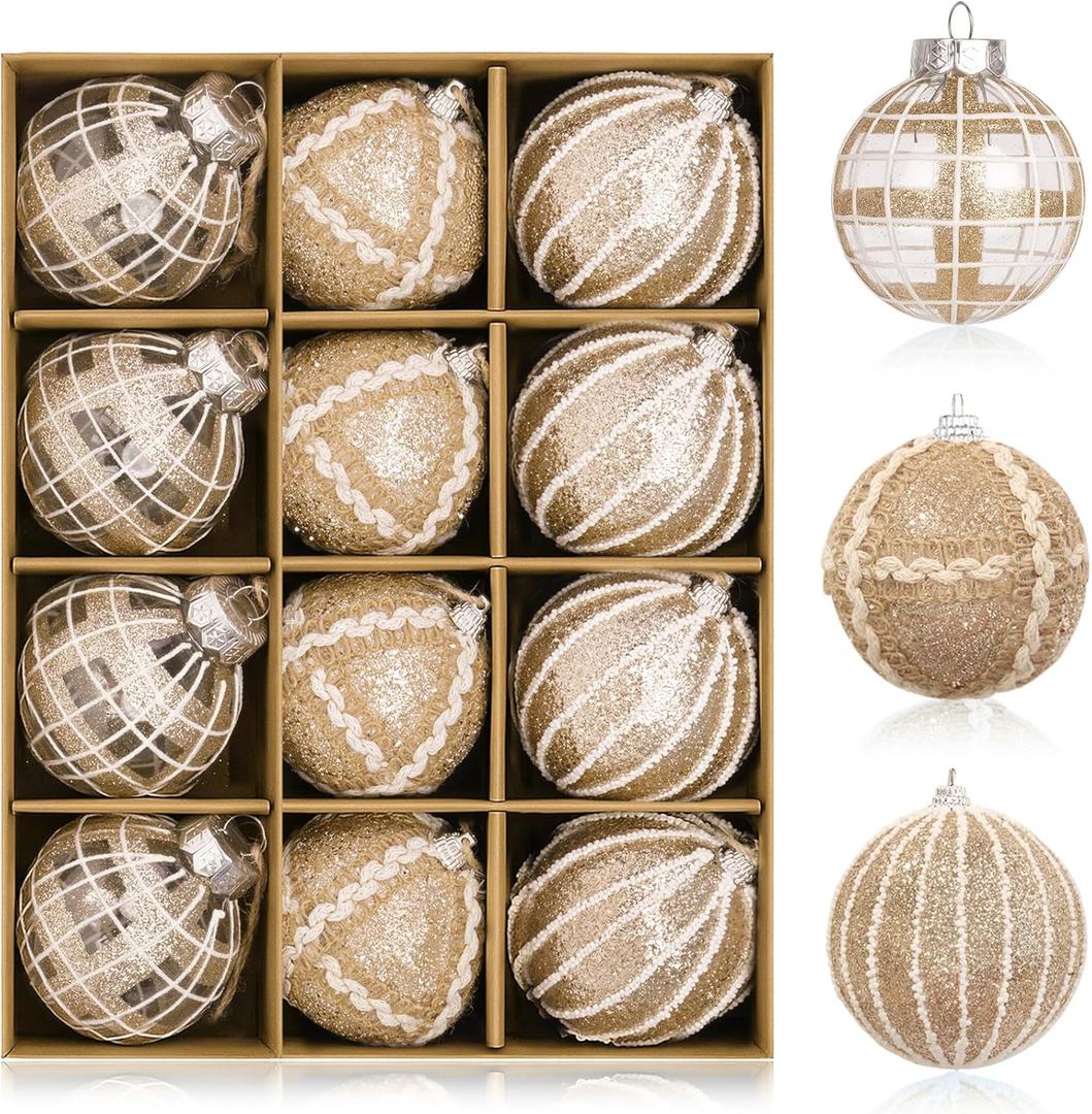 Christmas Ornaments Set 12PCS Rustic Farmhouse Neutral Christmas Ornaments, 3.15" Shatterproof Large Balls Hanging for Xmas Tree, Party Holiday (Champagne White)