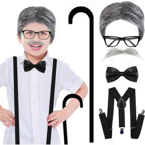 100 Days of School Costume for Boys Old Man Costume for Kids Old Man Wig for Kids Grandpa Costume with Mustache, Cane, Glasses 100th Day of School Dress Up Accessories Old Man Costume for Kid