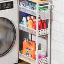 Slim Storage Cart 4 Tier Laundry Cart with Wheels, Narrow Metal Kitchen Rolling Carts Bathroom Organizers Storage Shelf with Wood Rack and Handle for Small Space (White)