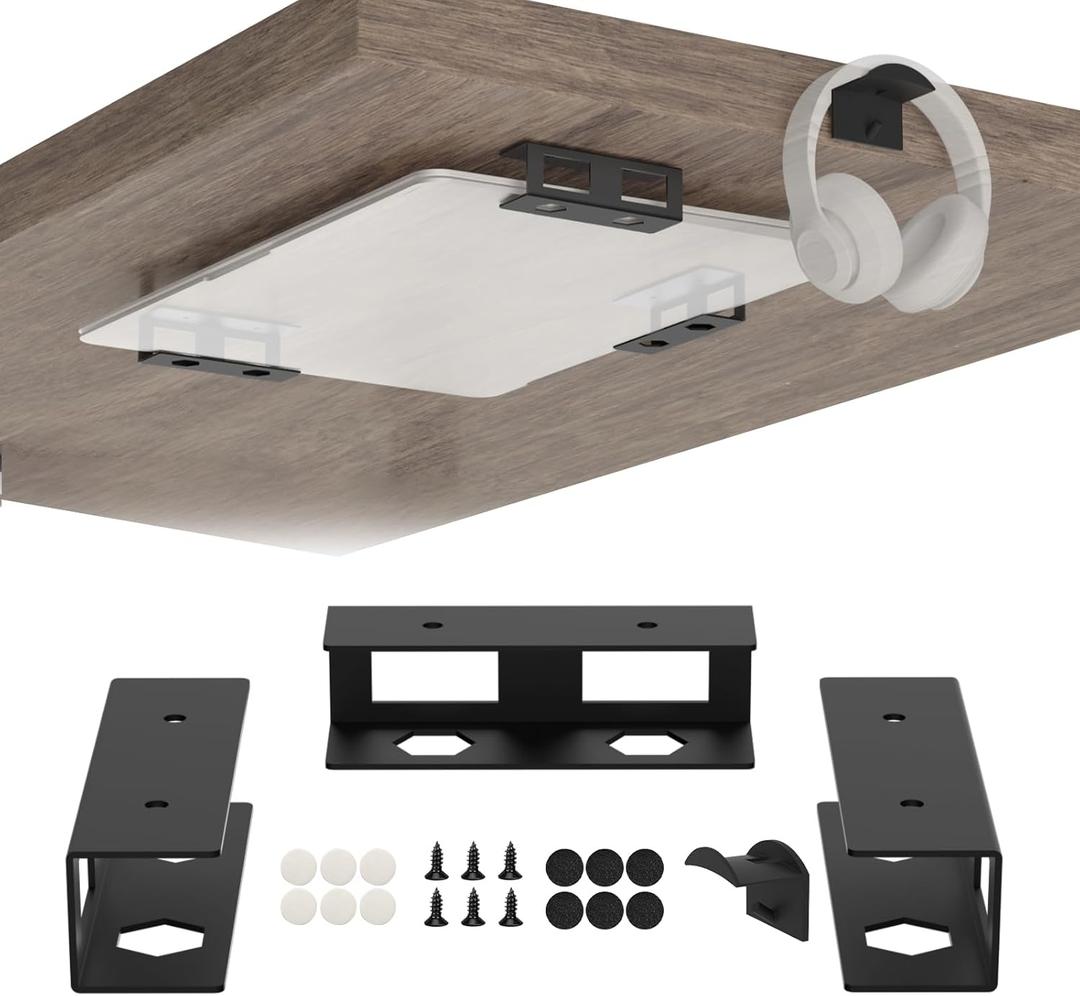 Under Desk Laptop Mount Metal Under Desk Laptop Holder with Anti-Scratch Pads Compatible with Lenovo HP Asus Acer Laptop,Mac Mini,Macbook,Keyboard Under Desk Shelf Tray with Headphone Hanger