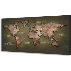 Canvas Wall Art lagre Brown map of the World Painting Ready to Hang Framed Vintage World Map Artwork Prints for Living Room, Office Decor, Large Map Wall Decor 24"x48"