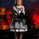 IDOPIP Toddler Baby Girls Halloween Tutu Dress Black and White Striped Dresses Smocked Bowknot Birthday Party Dress up Outfit (18-24 Months)