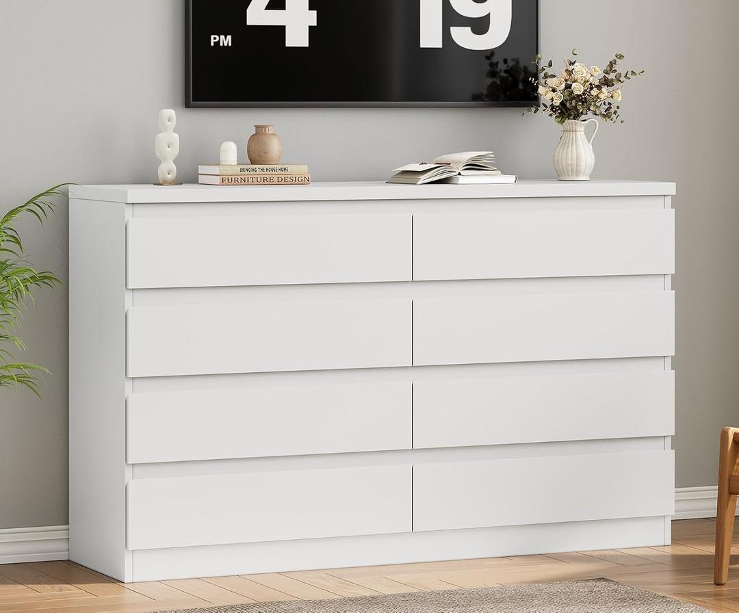 Modern White 8 Drawer Dresser for Bedroom, 15.3" D x 55.2" W x 32.3" H Simply Chest of Drawers, Wood Storage Dresser with Deep Drawers for Living Room Hallway Entryway, White