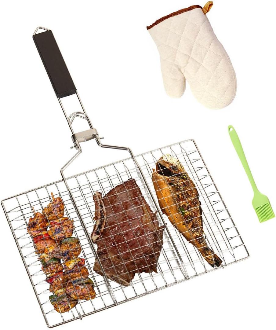 Fish Grill Basket BBQ Grilling Rack Kabob Veggies Shrimp Stainless Steel Cage Holder with Cleaning and Oil Brushes Oven Gloves
