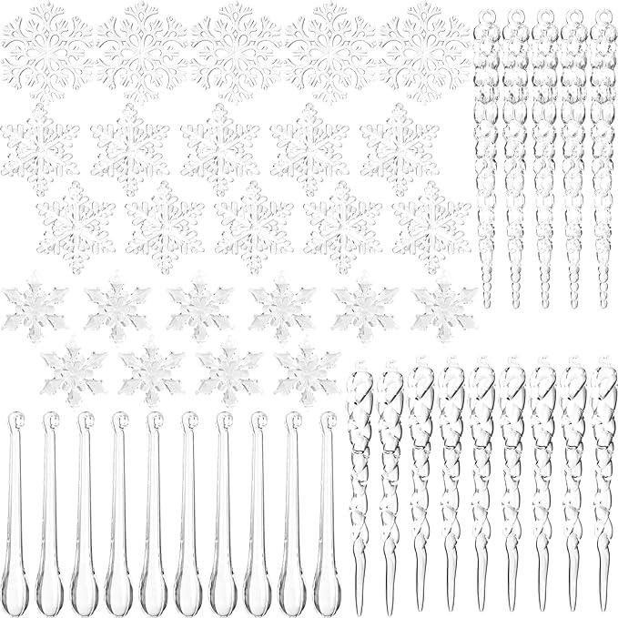 NEBURORA 50 Pcs Transparent Acrylic Snowflake Icicle Pendant Christmas Tree Icicles Snowflake Decorations Set Christmas Party Decorations Winter Outdoor Supplies Home Decor