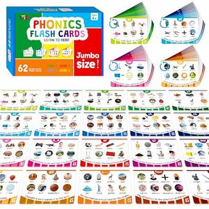 Phonics Flashcards, 120 Phonics 62 Double-Sided Cards - 20 Phonic Group Sets CVC, Digraph, Trigraph Blends Long Vowel Sounds, Early Educational Tool for Kids Ages 4-8 Years Old (4 Plastic Rings)