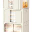 Clothes Storage Bins with Metal Frame, Foldable Clothes Organizers Storage Containers for Clothes, Sheets, Blankets, Pillows and Towels (66L, 3 Pack) Beige