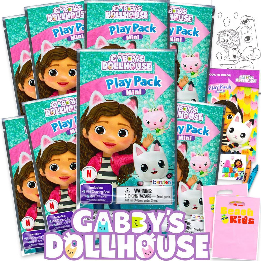 8 Pc Gabby's Dollhouse Mini Party Favors Set - Bundle 8 Play Packs with Mini Coloring Books, Stickers, and Goodie Bags | Gabby's Dollhouse Birthday Party Supplies Decorations