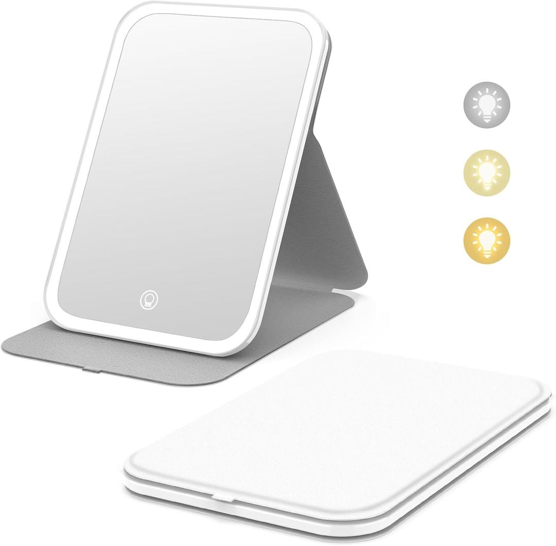 Kintion Travel Makeup Mirror, Portable LED Lighted Makeup Mirror, 360 Rotation Touch Screen Vanity Mirror, 60 LEDs, 3-Color Dimmable Lighting, Rechargeable Tabletop Folding Cosmetic Mirror, White