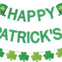 4 x Green Glitter Happy St Patricks Day Banner and Shamrock Garland, Saint Patricks Day Shamrock Clover Garland Banner Decorations for Happy Saint Patrick's Day Banner Decorations