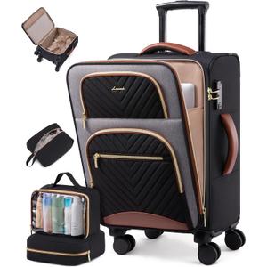 LOVEVOOK Carry on Luggage 22x14x9 Airline Approved, Large Waterproof Carry on Suitcase with 3 Packing Cubes,Lightweight Softside Underseat Travel Luggage with 360 Wheels,Laptop Compartment,TSA Lock (22 Inches - 4Pcs, Black - Grey - Chestnut brown)