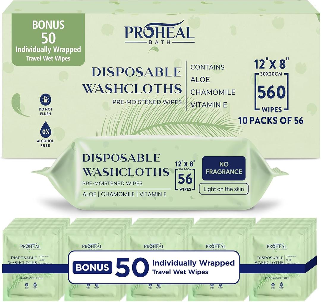 ProHeal Large Wet Wipes for Adults - Case of 10 and 50 Individually Wrapped 12""x8"" Disposable Body Wipes - Fragrance Free with Aloe, Chamomile, and Vitamin E - For Bathroom, Cleansing, and Travel