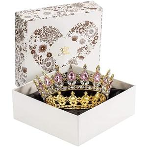 Rhinestone Cake Topper Crown Fancy Party Cake Decoration Princess And Prince HeadpieceGold-pink)