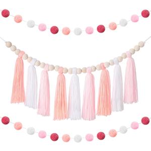 Syhood Boho Tassel Garland With Wood Beads and Western Colorful Pom Pom Ball Decor for Baby Shower, Home Party, Wall Hanging Gifts (Vivid Colors)