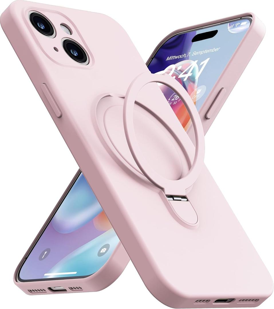 Magnetic Stand for iPhone 14, Liquid Silicone, [Compatible with MagSafe][Built-in Kickstand&Ring Holder] Anti-Scratch Soft Microfiber Lining, Light Pink