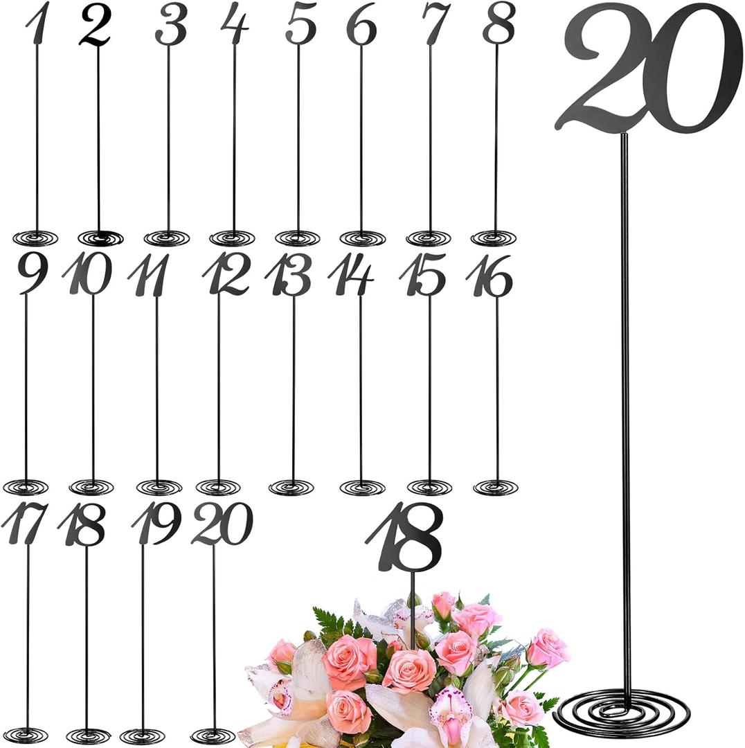 Therwen 20 Pcs Metal Table Numbers 1-20 Table Numbers for Wedding Reception 12 Inch Stainless Steel Party Desk Figure with Sturdy Holder Base for Banquet Wedding Party Event Catering(Black)