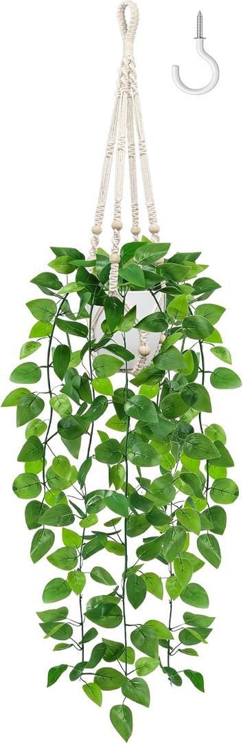 USLAI Fake Hanging Plant, Artificial Pothos Vines Greenery with Pot and Macrame Plant Hanger for Indoor Outdoor Boho Decor
