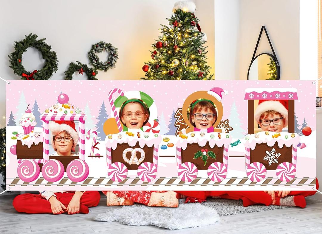 Pink Gingerbread Train Photo Props Large Christmas Train Shaped Backdrop Banner Xmas Gingerbread Party Decorations for Winter Holiday Festival Photo Booth Background Home Class Decor Party Supplies
