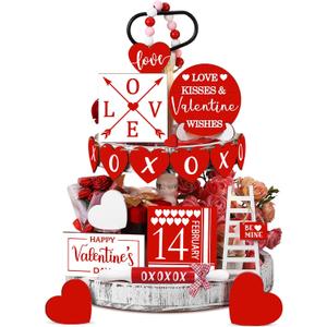 Spiareal 15 Pcs Valentine's Day Tiered Tray Decor Set Red Heart Love Wooden Signs Rustic Farmhouse Tray Signs Valentine Day Table Decorations for Romantic XOXO Home Kitchen Shelf Decor(Red, White)