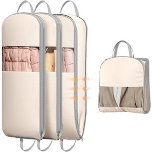 DIMJ 4 Pack 43" Compression Garment Bags for Hanging Clothes With Carry Handles and Window, Space Saving Washable Suit Bag for Dress, Clothes, Coats, Down Jacket, Closet Storage, Moving, Travel (Beige)