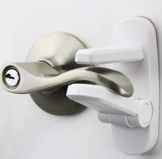 Door Lever Locks (4 Pack)  Prevents Toddlers from Opening Doors  Durable ABS with 3M Adhesive  Easy OneHand Operation for Adults, No Tools Needed