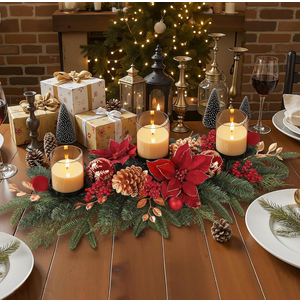 Alupssuc 28" Christmas Centerpiece with 3 Candle Holders Trays,Dining Table Decoration with Baubles, Pine Cones, Red Berries, Spruce Branches, Flower for Indoor Home Party Table Holiday Decor, 1 Pcs