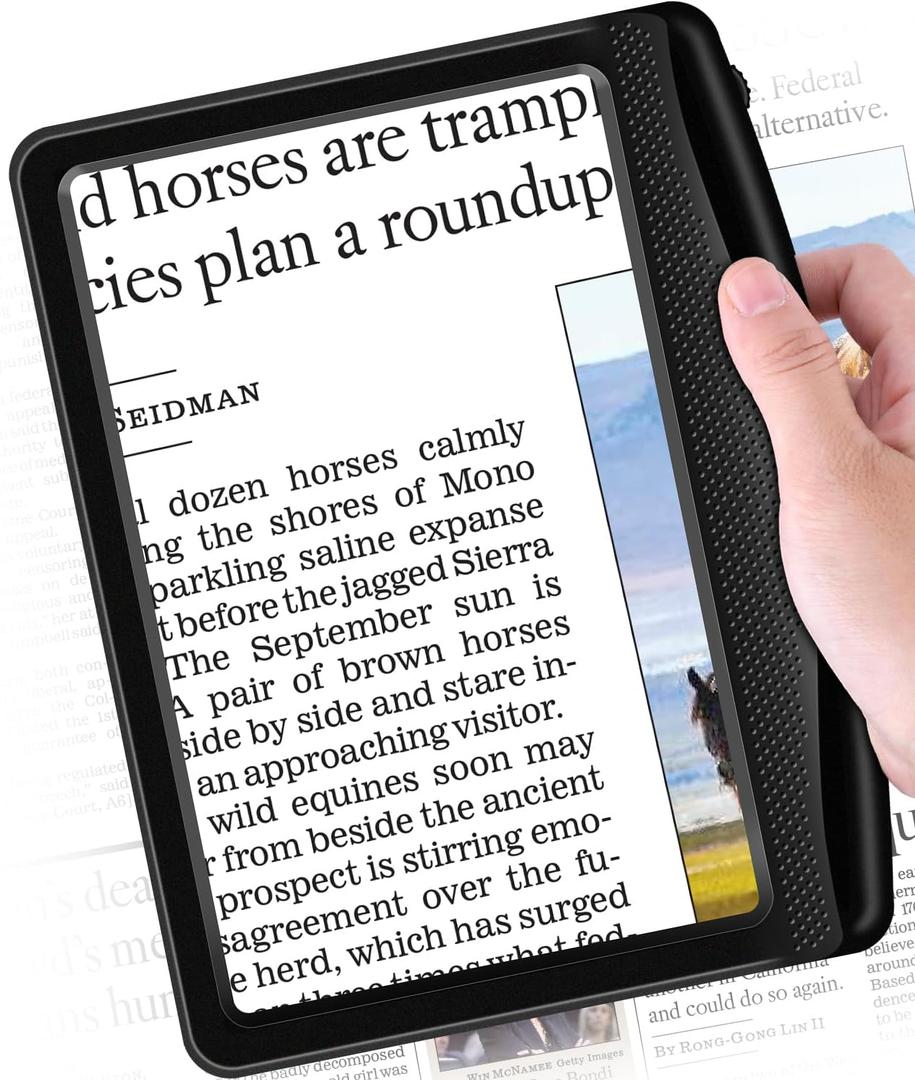 Rechargeable 5X Magnifying Glass for Reading, Large Bright Full Page Magnifier with Light, Handheld LED Dimmable Lighted, Lightweight Book Magnifier for Reading Small Prints Seniors Low Vision (Black)