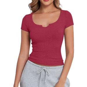 Artfish Women's Short Sleeve T-Shirts Form Fitting Ribbed Knit V Notch Scoop Neck Basic Crop Top (Medium, Burgundy)