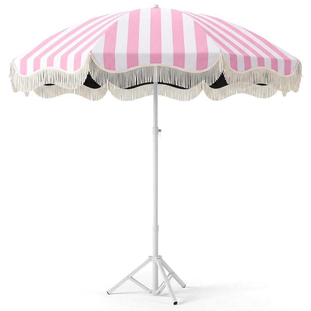 Klyyo Clyro Patio Umbrella with Fringe, UPF 50+ UV Boho Outdoor Beach Umbrella with Carry Bag, UV Sun Protection Shade with Tassels for Garden, Deck, Backyard(Pink Strip,6.5 ft,with Tripod)