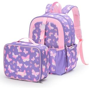 mommore Kids Backpack for Boys Girls 4-8 Kindergarten Elementary School Backpack with Lunch Box - 15 H Fit Folder (Purple Butterfly)