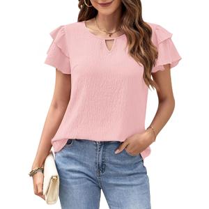 MOLERANI Blouses for Women Dressy Casual Tops Business Work Short Ruffle Sleeve Cute Summer Shirts Trendy Outfits 2025 (Pink, XL)