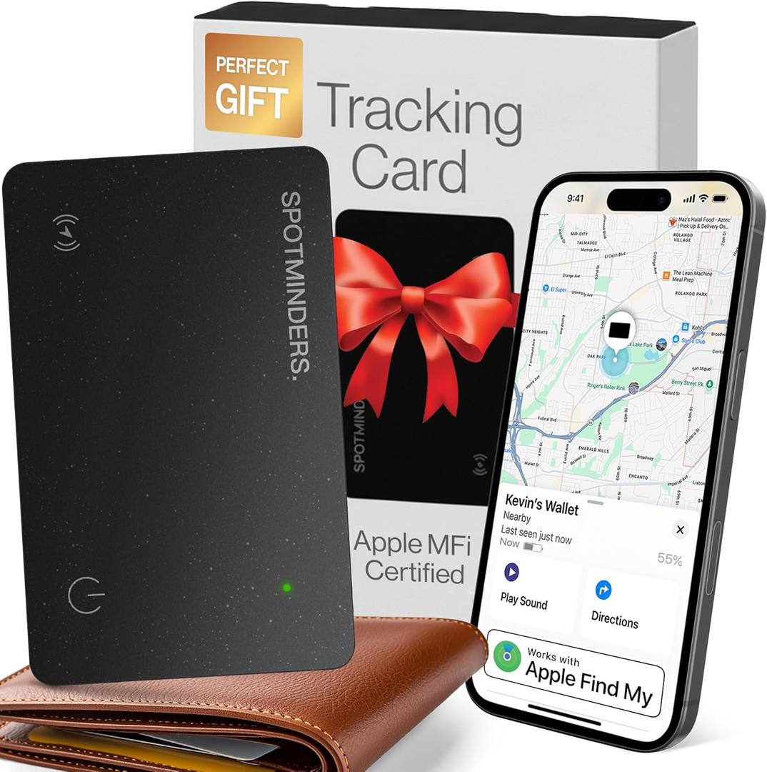 SPOTMINDERS Apple MFi Certified Wallet Tracker Works With Apple Find My Tracking Card for Wallet Card Rechargeable IP68 Waterproof 0.07in Slim iPhone Item Finder for Luggage Tags Purse Gifts for Women (Black (Pack of 1))