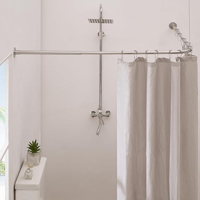Corner Shower Curtain Rod, Silver Gray [39"-69"] x [55"-85"] Adjustable L Shaped Shower Rod No-Sagging 90 Degree Curved Curtain Rod for Bathroom Bathtub with 12 Ring Hooks & Ceiling Support