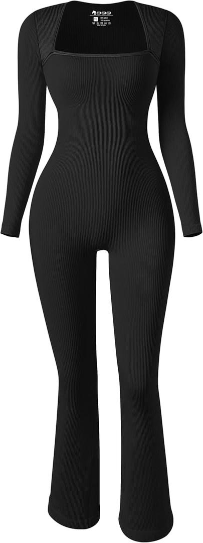 OQQ Long Sleeve Jumpsuits for Women Ribbed Long Sleeve Yoga Bell Bottoms Flare Jumpsuits (Medium, Black)